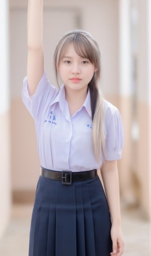 a young Asian woman age 15 with long highligh white and brown hair, wearing a white slimfit shirt and slimfit Navy blue short skirt. She is posing in front of a window, her left hand resting on her hip. The woman's right arm is raised in the air, adding a touch of balance to her body. The backdrop is a stark white wall, with a light brown wooden door behind her.