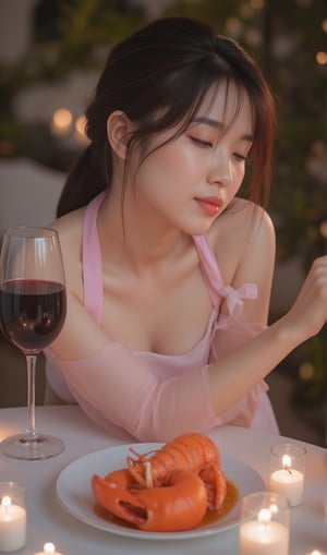 A high-resolution photograph taken with a Canon camera of a 18-year-old half-Thai, half-Korean woman with radiant fair skin. She is wearing only an apron tied with a pink bow, revealing her bare skin behind it. Exuding a sexy charm, she is leaning forward, placing her hand on a romantically set table that features a lobster dish, a glass of red wine, and lit candles to enhance the romantic atmosphere. The table is elegantly arranged to look romantic.