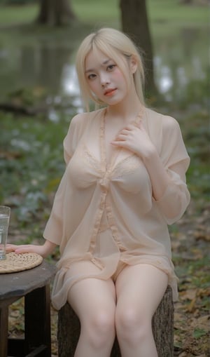 a beautiful young thailand woman is seated on a tree stump in a forest. She is wearing a loose invisible sheer silk adorned with a transparent bikini scalloped trim. Her blonde hair is pulled back, cascading over her shoulders, framing her face. She has her left hand on her hip, adding a touch of warmth to the scene. The woman's right hand rests on her chest, while her left arm rests on a wooden table. A glass of water is placed on the table, adding to the ambiance of the image.