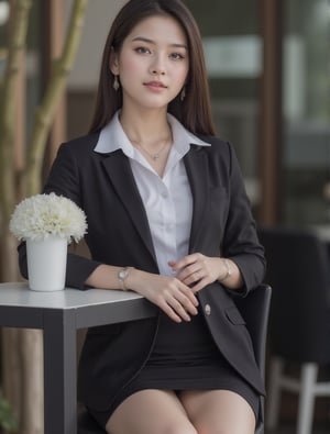 The image shows a thailand woman sitting on a black chair in an indoor cafe.She is wearing a Fit white collared shirt under a jacket and a black short skirt and luxury jewelry necklace and  earring .She has long dark hair and is looking directly at the camera with a serious expression. On the table in front of her, there is a white vase with white flowers. The background is blurred, but it appears to be an indoor setting with other tables and chairs. The overall mood of the image is relaxed and casual. scene.หน้าแดง, breasts size C,a girl 18yearold,breasts size C,smile,blush,noseblush,mouthhold,