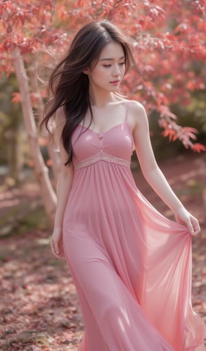 In an evocative image showcasing striking detail, a radiantly beautiful young Japanese woman is depicted amidst the vibrant colors of a maple garden. The subject wears a stunning pink flowing dress that cascades around her gracefully as she moves, with the windswept petals of falling cherry blossoms catching on its edges. Her long, lustrous black hair tumbles in loose waves down her back, and her eyes sparkle like precious gems, filled with a captivating beauty that leaves no one indifferent. The garden itself is bursting with colors as the maple trees' fiery red foliage contrasts beautifully with the pink dress of our subject. The image is rendered in intricate detail, highlighting the woman's delicate features and elegant poise, as well as the exquisite details of her clothing and the breathtaking beauty of the autumnal scenery around her.