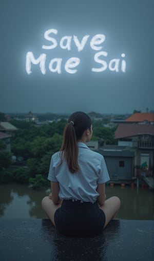 a young thai woman in wet torn white shirt and black skirt sitting legs-cross on a rooftop, observing the surrounding area which is flooded with water, submerging houses and vegetation. The night sky is overcast, suggesting recent or ongoing rainfall. There are clouds in the sky forming into text "Save Mae Sai".