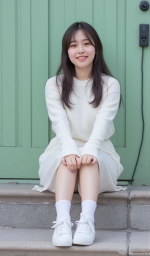 a young Asian woman is seated on a step in front of a green door. She is wearing a white long-sleeved sweater, a white skirt, and white sneakers. Her socks are tied in a bow at the waist, and she is smiling. The woman's hair is long and dark, and her eyes are open, as if she is posing for the camera. The door behind her is made of a light green wood, and the bottom half of the door is visible. The floor is made up of gray and brown tiles, and there is a black electrical outlet plugged into the wall behind the woman.