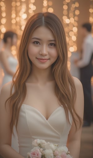 A close-up photograph of a Thai woman with long, wavy brown hair, wearing an elegant white Fiorelia evening dress. She stands in a warmly lit room filled with glowing string lights. The background shows a festive wedding scene with bright white and golden lights creating a soft bokeh effect. The bride and groom are in the background, about to cut their wedding cake. The woman, holding a large, beautifully arranged wedding bouquet in her right hand, looks directly at the camera with a slightly jealous expression, adding a playful contrast to the luxurious, celebratory atmosphere.