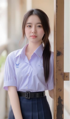 a young Asian woman age 15 with long highligh white and brown hair, breasts size B wearing a white fit Unbutton one button white shirt and Navy blue short skirt. She is posing in front of a window, The woman's adding a touch of balance to her body, with a light brown wooden door behind her.