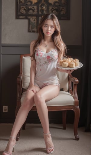 BEAUTIFUL PERFECT BODY, BEAUTIFUL FINE FACE, SMALL CHEST, REALISTIC TEXTURE, CHINESE GIRL, PERFECT HAND, LIGHT BROWN LONG WAVY HAIR, BLACK EYES, WEARING A Cheongsam pattern bikini set, WEAR 3-INCH HIGH HEELS, HOLDING A TRAY OF MOONCAKES,sitting legcross FULL BACK AND LOOKING TO THE VIEWER IN A ROOM DECORATED IN AN ANCIENT CHINESE STYLE. jewery necklace and earling