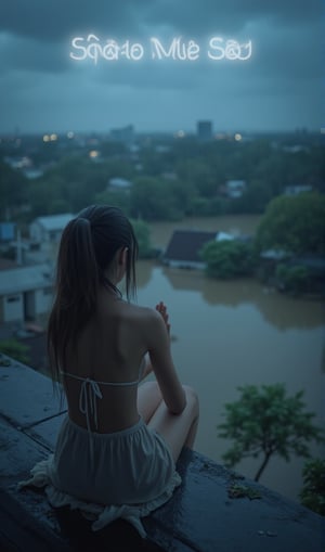 a young thai woman in wet torn dress sitting and praying on a rooftop, observing the surrounding area which is flooded with water, submerging houses and vegetation. The night sky is overcast, suggesting recent or rainfall. There are clouds in the night sky forming into text "Save Mae Sai".