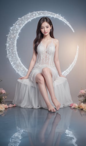 a 25-year-old Thai woman in an elegant white dress, sitting legs-cross gracefully on a sparkling crystal crescent moon, detailed and serene, themed celestial elegance, soft glowing lighting with pastel hues, calm and composed expression, 3D render, using UE5 and Quixel Megascans, surreal fantasy setting with reflective water, pastel skies, and floating elements, photorealistic.