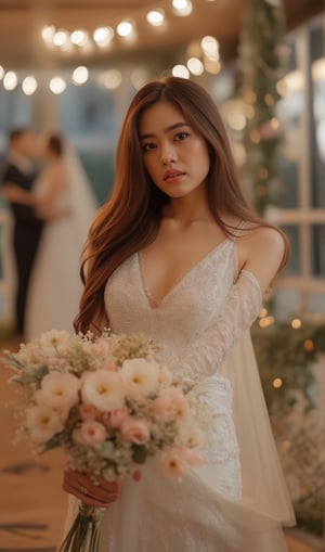 A close-up photograph of a Thai woman with long, wavy brown hair, wearing an elegant white Fiorelia evening dress. She stands in a warmly lit room filled with glowing string lights. The background shows a festive wedding scene with bright white and golden lights creating a soft bokeh effect. The bride and groom are in the background, about to cut their wedding cake. The woman, holding a large, beautifully arranged wedding bouquet in her right hand, looks directly at the camera with a slightly jealous expression, adding a playful contrast to the luxurious, celebratory atmosphere.movement pose