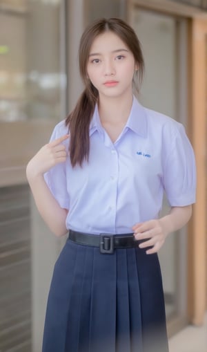 a young Asian woman age 15 with long highligh white and brown hair, breasts size B wearing a white fit Unbutton one button white shirt and Navy blue short skirt. She is posing in front of a window, The woman's adding a touch of balance to her body, with a light brown wooden door behind her.