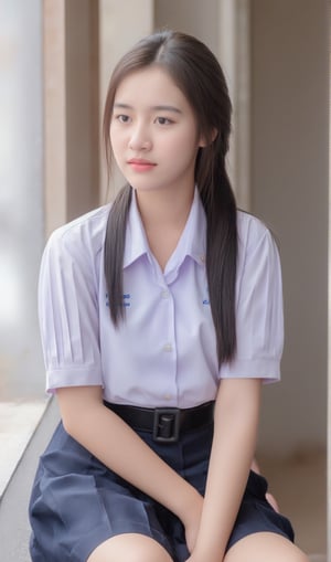 a young Asian woman age 15 with long highligh white and brown hair, breasts size a .wearing a white fit Unbutton two button white shirt and Navy blue short skirt. She is posing in front of a window, The woman's sit leg cross adding a touch of balance to her body, with a light brown wooden door behind her.