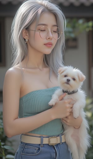 Hongchun, a Chinese ancient village, a World Heritage Site in Anhui Province, China. A 18 Year old,Beautiful thai Woman with highlight white and gray hair,pale skin,perfect breasts,perfect body,Wearing Design Fashion Tube top and Old Short Flared Jeans ,wearing round gold glasses, belt,holding a tiny cute maltese dog