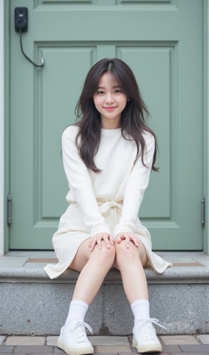 a young Asian woman is seated on a step in front of a green door. She is wearing a white long-sleeved sweater, a white skirt, and white sneakers. Her socks are tied in a bow at the waist, and she is smiling. The woman's hair is long and dark, and her eyes are open, as if she is posing for the camera. The door behind her is made of a light green wood, and the bottom half of the door is visible. The floor is made up of gray and brown tiles, and there is a black electrical outlet plugged into the wall behind the woman.