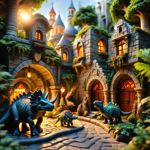 In this whimsical Pocket art miniature, a medieval Greek city teems with life. The sun casts a warm glow on cobblestone streets, where dinosaurs blend seamlessly into the bustle. A triceratops mother and her young ones frolic amidst market stalls, as a happy couple tends to their pet Stegosaurus in the background. The air is filled with vibrant colors and textures, as buildings and architecture are meticulously rendered. In this tiny world, people and dinosaurs coexist harmoniously, surrounded by lush greenery and delicate details.