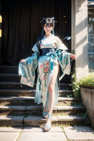 A stunning Korean beauty model, 18yo, with oversized blue eyes and a cold smile, gazes directly at the viewer. Her silver hair falls in luscious bangs and low twintails, adorned with shiny locks and a blue hair ring. She wears a beautiful kimono, wrapping her whole body like a traditional Japanese garment, with vibrant #3cb371 skirt flowing below. Her eyes sparkle with #5599FF intensity as she poses confidently. The background transports us to ancient Japan's Muromachi period, with a serene street view and traditional elements like Chinese watercolor painting-inspired architecture, Japanese tabi socks, and herringbone sandals. The framing of the shot features a subtle gradient, with soft sunlight casting a warm glow on our lovely samurai girl.simple