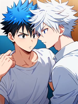 (MiyamuraYamada:1.3), 2boys, GAY, 2boys focus, 1 white hair and black eyes boy, 1 spiky hair and black eyes boy, spiky hair , white hair, (The first boy has white hair and black eyes, and the other boy has gradient blue hair and blue eyes.), 