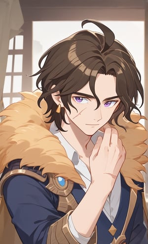 Valen(AFK), 1boy, Roving Swordsman, Purple eyes, brown hair, golden earring, scars on face, ahoge hair, solo,  