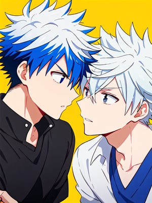 (MiyamuraYamada:1.3), 2boys, GAY, 2boys focus, 1 white hair and black eyes boy, 1 spiky hair and black eyes boy, spiky hair , white hair, (The first boy has white hair and black eyes, and the other boy has gradient blue hair and blue eyes.), 