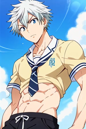 Toranosuke Miyamura, 1 boy, white hair , blue eyes, 3 small silver earrings on the left ear, silver earrings, solo, abs, school uniform, school 
