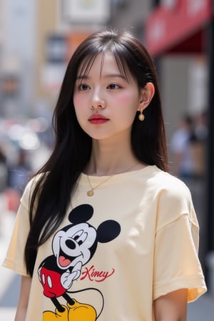 KJW, a portrait of a young asian woman, wearing disney t-shirt, street background, 
