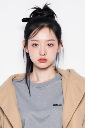 The image is a portrait of a young woman with dark hair styled in a high ponytail with a black bow on top. She is wearing a grey t-shirt with a small black logo on the front and a beige jacket draped over her shoulders. The woman is looking directly at the camera with a serious expression on her face. The background is plain white. The overall mood of the image is minimalistic and modern.