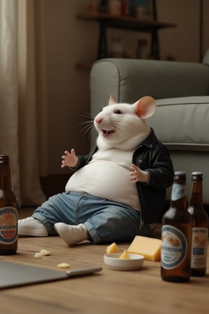 Photorealistic image of a white humanoid rat with a big belly, no tail, dressed in a black leather jacket, jeans, and white sneakers. The rat has a cheerful expression, lying drunk on the floor, belly up, near a sofa. Around are empty beer bottles and pieces of Dutch cheese. In a living room background. High resolution, 4K quality, hyperrealistic, raw image, unpolished filter, depth of field. Shot with a Canon EF 100-400mm f/4.5 lens on Fujifilm Pro 400H film.