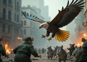 Formidable and powerful large eagles with yellow-blue plumage menacingly dive at gray pathetic rats in green military uniforms scurrying in different directions, against the backdrop of a destroyed city, fire and smoke, (hyperrealistic, raw image, raw filters, depth of field, Loft), (Canon EF 100-400mm f/ 4.5, Fujifilm Pro 400H)