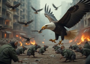 A large flock of menacing, powerful and very large eagles with yellow-blue plumage menacingly dive at gray pathetic rats in green military uniforms scurrying in different directions, against the backdrop of a destroyed city, fire and smoke, (hyperrealistic, raw image, raw filters, depth of field, Loft), (Canon EF 100-400mm f/ 4.5, Fujifilm Pro 400H)