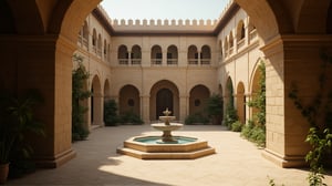 (photorealistic image), (high detail), the scene shows the inner courtyard of the palace, style (Middle East 12th century). in the center of the stage there is a platform with a fountain. Ivy grows in places. (daylight from the front), (hyperrealistic, raw image, raw filter, depth of field, loft), (Canon EF 100-400mm f/4.5, Fujifilm Pro 400H)