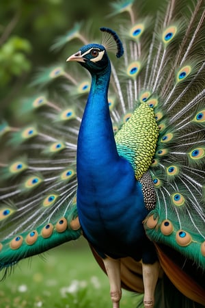 Photorealistic image of a majestic peacock standing tall, displaying its vibrant tail feathers spread wide like a shimmering fan. The iridescent blue and green plumage glows under daylight lighting, adorned with striking 'eye' patterns. The fan creates a semi-circle behind the bird, while its head is lifted proudly. The background features lush greenery. Hyperrealistic, non-fragmented image, non-fragmented filter, depth of sharpness. Shot with a Canon EF 100-400mm f/4.5 lens on Fujifilm Pro 400H film.