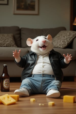 Photorealistic image of a white humanoid rat with a big belly, no tail, dressed in a black leather jacket, jeans, and white sneakers. The rat has a cheerful expression, lying drunk on the floor, belly up, near a sofa. Empty beer bottles and pieces of Dutch cheese are scattered around. In a living room background. High resolution, 4K quality, hyperrealistic, raw image, unpolished filter, depth of field. Shot with a Canon EF 100-400mm f/4.5 lens on Fujifilm Pro 400H film.