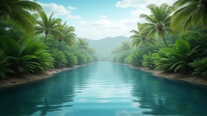 (Photorealistic image)(High detail(Photorealistic image), (High quality). river on the background of the shore with tropical plants. High resolution, superdetail, quality 4K, realistic style (high detail), (hyperrealistic, RAW image, unpolished filter, depth sharpness, loft), (Canon EF 100-400mm f/4.5, Fujifilm Pro 400H)