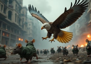 menacing and powerful, large in size, many eagles with yellow-blue plumage menacingly dive, on gray pathetic rats in green military uniforms scurrying in different directions, against the backdrop of a destroyed city, fire and smoke, (hyperrealistic, raw image, raw filters, depth of field, Loft), (Canon EF 100-400mm f / 4.5, Fujifilm Pro 400H)