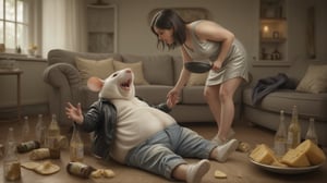 Photorealistic image of a white humanoid rat with a big belly, no tail, wearing a black leather jacket, jeans and white sneakers. The rat has a cheerful expression on its face, it lies drunk on its back, belly up, near the sofa. There are many empty beer bottles and pieces of Dutch cheese scattered around. A woman is standing nearby, slightly bent over. The woman has black hair in a long bob and a very stern expression on her face. The woman is wearing a dress. One of the woman's hands is on the woman's bidr, in the other hand, she is holding a large frying pan and swinging it. In the background is a living room. High resolution, 4K quality, hyperrealistic, RAW image, unpolished filter, depth of field. Shot with a Canon EF 100-400mm f/4.5 lens on Fujifilm Pro 400H film.