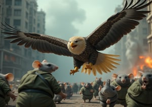 A large flock of menacing, powerful and very large eagles with yellow-blue plumage menacingly dive at gray pathetic rats in green military uniforms scurrying in different directions, against the backdrop of a destroyed city, fire and smoke, The camera looks at a large flock of eagles in close-up, (hyperrealistic, raw image, raw filters, depth of field, Loft), (Canon EF 100-400mm f / 4.5, Fujifilm Pro 400H)