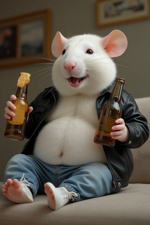 Photorealistic image of a white humanoid rat with a big belly, no tail, dressed in a black leather jacket, jeans, and white sneakers. The rat has a cheerful expression, sitting on a soft sofa, holding an open bottle of beer and a piece of Dutch cheese. In a living room background. High resolution, 4K quality, hyperrealistic, raw image, unpolished filter, depth of field. Shot with a Canon EF 100-400mm f/4.5 lens on Fujifilm Pro 400H film.