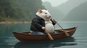 (White), (photorealistic image), (high detail), (high quality). White fat rat of humanoid appearance with a big belly, (without tail), dressed in a leather black jacket, jeans. Sits in a long wooden boat, in his hands he holds oars, with which he rows on the water. High resolution, super - detail, 4K quality, realistic style (high detail), (hyperrealistic, raw image, unpolished filter, depth of field, loft), (Canon EF 100-400mm f / 4.5, Fujifilm Pro 400H)