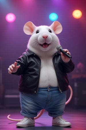 Static camera, front view. Photorealistic image of a white humanoid rat with a big belly, no tail, dressed in a black leather jacket, jeans, and white sneakers. The rat has a cheerful expression, standing on a stage holding a microphone, singing. Neon multi-colored lighting illuminates the stage. High resolution, 4K quality, hyperrealistic, raw image, unpolished filter, depth of field. Shot with a Canon EF 100-400mm f/4.5 lens on Fujifilm Pro 400H film.