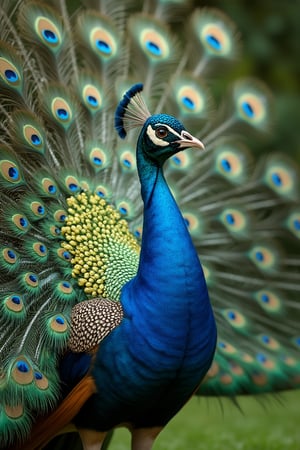 Photorealistic image of a majestic peacock standing tall, displaying its vibrant tail feathers spread wide like a shimmering fan. The iridescent blue and green plumage glows under daylight lighting, adorned with striking 'eye' patterns. The fan creates a semi-circle behind the bird, while its head is lifted proudly. The background features lush greenery. Hyperrealistic, non-fragmented image, non-fragmented filter, depth of sharpness. Shot with a Canon EF 100-400mm f/4.5 lens on Fujifilm Pro 400H film.