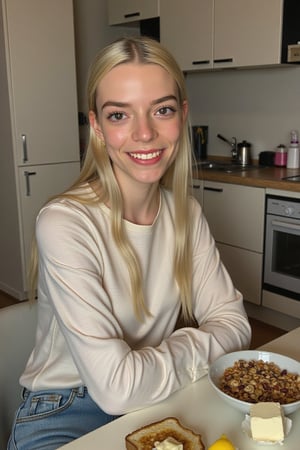 A serene teenage beauty (ANYAJT), radiant in the morning light, sits confidently at a table in her dining room, her tender face framed by soft lighting. Her youthful winter clothes are modern and casual. She is eating cereal, relaxed with a bit of sleep. The background of her tidy kitchen highlights her central presence, while the clear table displays only a few small slices of toast and butter and a laptop. Canon’s 35mm lens captures extreme realism,ISO 200, with optimal placement of elements, shadows and contrasts evoking Henri Cartier-Bresson’s signature style.,ANYAJT