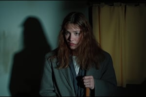  Cinematic,, harsh direct lighting, full body shot, girl wearing an 80s fashion outfit, long brown messy hair, 80s grey coat, she looks distressed and worried,  she's holding an axe. ultra detailed textures, 80s photography, Ultracam 35mm, (grainy film:1), in camp crystal where jason voorhees lurks around, 4k, photo with flash