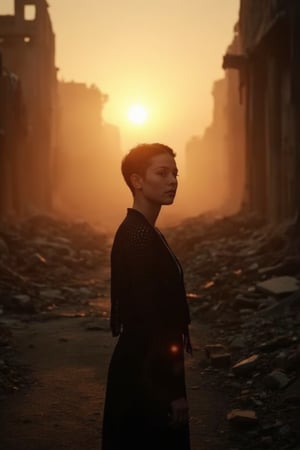 A woman with short hair stands amidst the ruins of a city, her silhouette stark against the setting sun. The scene is framed with debris and crumbling buildings in the background, emphasizing the desolation. The lighting is warm and golden, casting long shadows that highlight her determined pose. The composition centers on her, with the ruins sprawling around her, symbolizing resilience in the face of destruction.