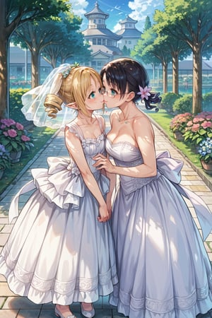  score_9, score_8_up, score_7_up, ((2girls)), (multiple girls, 2girls,), (height difference)), (((wedding dress))), ((((garden)))), ((sakura trees)),  ((sakura petals in air)), (kissingg)), (((full_body view))), 2_girls, happy face, BREAK first girl is cattleya, tall girl, mature female, long hair, black hair, low ponytail, blue eyes, swept bangs, glasses, BREAK second girl is ymir, short girl, aqua eyes, blonde, medium hair, twintails, pointy ears, twintails, drill hair, BREAK frist girl kiss second girl