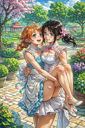 score_9, score_8_up, score_7_up, ((2girls)), (multiple girls, 2girls,), (((bridal carry))), ((((garden)))), ((sakura trees)), ((sakura petals in air)), (kissingg)), (((full_body view))), 2_girls, happy face, BREAK first girl is cattleya, tall girl, mature female, long hair, black hair, low ponytail, blue eyes, swept bangs, glasses, BREAK second girl is ymir, short girl, aqua eyes, blonde, medium hair, twintails, pointy ears, twintails, drill hair, BREAK frist girl carry second girl as a bride