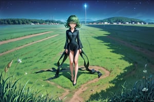 score_9, score_8_up, score_7_up, (((((full body))))), (((((fair skin))))), green eyes, green hair, black dress, short hair, tatsumaki, Tatsumaki171, long sleeves, (((slim body))), masterpiece, best quality, anime, anatomically accurate, detailed face, pretty face, extremely detailed face, ((((1girl)))), (((short hair))), ((green hair)), (((long legs))), (small breasts), big and expressive eyes, mesmerizing hair, (Perfect hands and fingers very well detailed), full body photo, (((grass field))), (((grass hill slope))), ((night)), ((starry sky)), reflection in the eye, red eyes, anime, Anime Style, cinematic lighting, ray tracing, panorama, Sony FE, high definition, artwork, Anatomically Correct, Textuvermelho Skin, super detail, high quality, high resolution, high definition