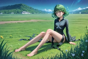 score_9, score_8_up, score_7_up, (((((full body))))), (((((fair skin))))), green eyes, green hair, black dress, short hair, tatsumaki, Tatsumaki171, long sleeves, (((slim body))), masterpiece, best quality, anime, anatomically accurate, detailed face, pretty face, extremely detailed face, ((((1girl)))), (((short hair))), ((green hair)), (((long legs))), (small breasts), big and expressive eyes, mesmerizing hair, (Perfect hands and fingers very well detailed), full body photo, (((grass field))), (((grass hill slope))), ((night)), ((starry sky)), reflection in the eye, red eyes, anime, Anime Style, cinematic lighting, ray tracing, panorama, Sony FE, high definition, artwork, Anatomically Correct, Textuvermelho Skin, super detail, high quality, high resolution, high definition