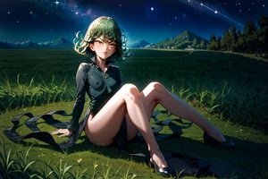 score_9, score_8_up, score_7_up, (((((full body))))), (((((fair skin))))), green eyes, green hair, black dress, short hair, tatsumaki, Tatsumaki171, long sleeves, (((slim body))), masterpiece, best quality, anime, anatomically accurate, detailed face, pretty face, extremely detailed face, ((((1girl)))), (((short hair))), ((green hair)), (((long legs))), (small breasts), big and expressive eyes, mesmerizing hair, (Perfect hands and fingers very well detailed), full body photo, (((grass field))), (((grass hill slope))), ((night)), ((starry sky)), reflection in the eye, red eyes, anime, Anime Style, cinematic lighting, ray tracing, panorama, Sony FE, high definition, artwork, Anatomically Correct, Textuvermelho Skin, super detail, high quality, high resolution, high definition