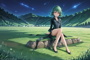 score_9, score_8_up, score_7_up, (((((full body))))), (((((fair skin))))), green eyes, green hair ,black dress, short hair, tatsumaki, Tatsumaki171, long sleeves, (((slim body))), masterpiece, best quality, anime, anatomically accurate, detailed face, pretty face, extremely detailed face, ((((1girl)))), (((short hair))), ((green hair)), (((long legs))), (small breasts), big and expressive eyes, mesmerizing hair, (Perfect hands and fingers very well detailed), full body photo, (((grass field))), (((grass hill slope))), ((night)), ((starry sky)), reflection in the eye, red eyes, anime, Anime Style, cinematic lighting, ray tracing, panorama, Sony FE, high definition, artwork, Anatomically Correct, Textuvermelho Skin, super detail, high quality, high resolution, high definition