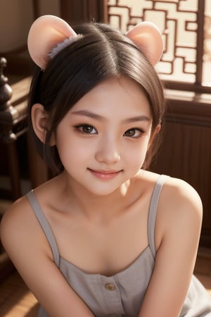 masterpiece, best quality, aethetic,warrior,Chinese Zodiac,Chinese style,A lovely juvenile girl,Rat girl,mouse ears,warrior,grey short hair,short eyebrows,warrior,grain,rat, 1 girl, most beautiful korean girl, stunningly beautiful girl, gorgeous girl, 20yo, over sized eyes, big eyes, smiling,