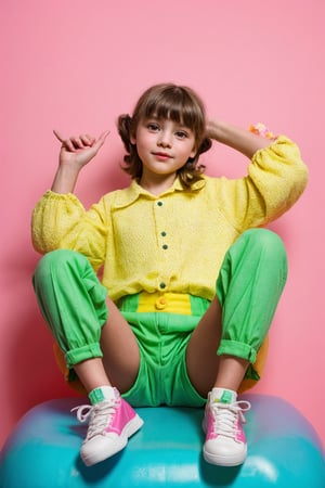 A 12-year-old petite tween girl with a childlike appearance spreads her legs. She wears vibrant, colorful, and playful childish clothing reminiscent of the 1950s-1960s, featuring daily alluring attire with a mix of naivety and childish innocence. 